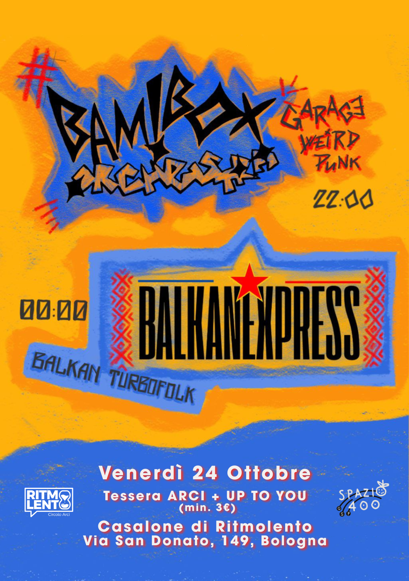 Orange and blue poster for Balkan Express and Bambilox