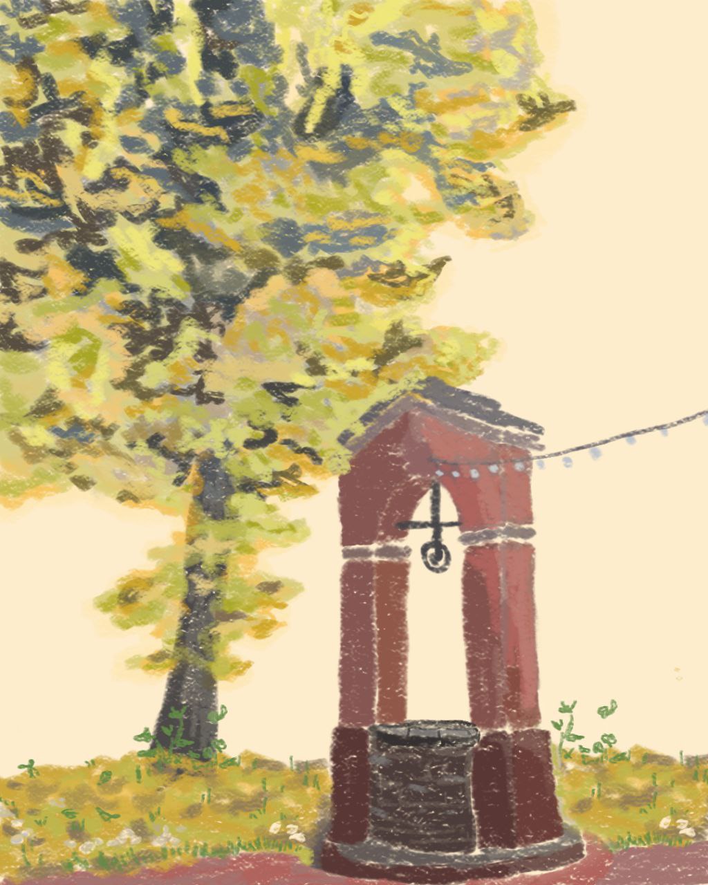 Observational drawing of a leafy tree and a red structure in Bologna