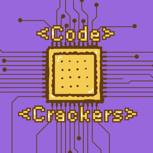 Pixel art graphic reading Code Crackers around a computer chip cracker