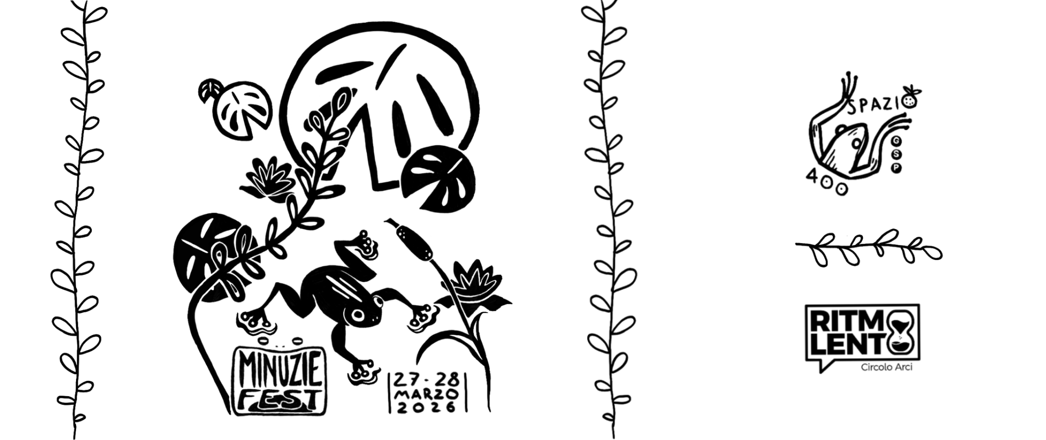 Black and white illustrated poster for Minuzie Fest, featuring a frog among plants