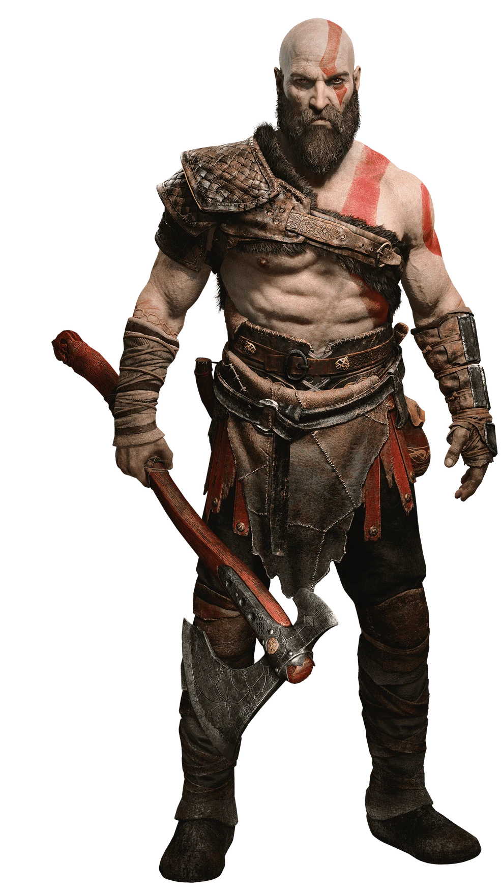 Kratos as depicted in God of War (2018), bearded, holding the Leviathan Axe.