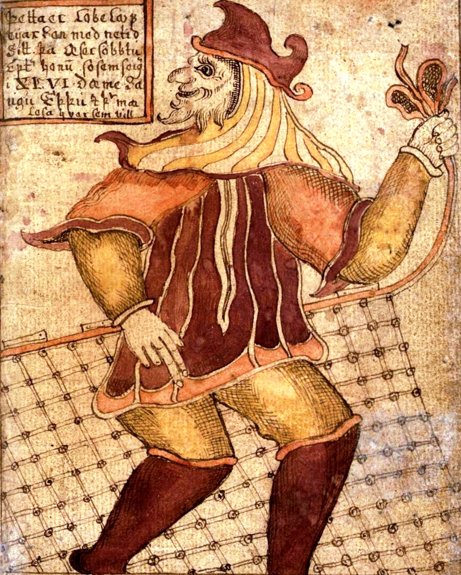 Medieval Icelandic manuscript illustration of Loki, holding fire, standing near a net.