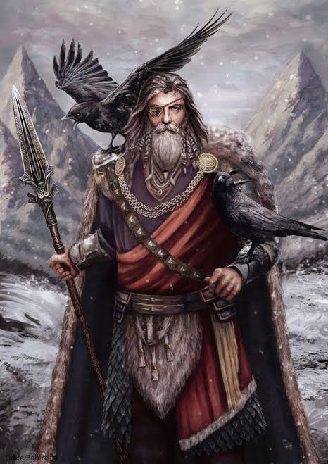 Illustration of Odin with a spear, one eye covered, flanked by his ravens Huginn and Muninn.