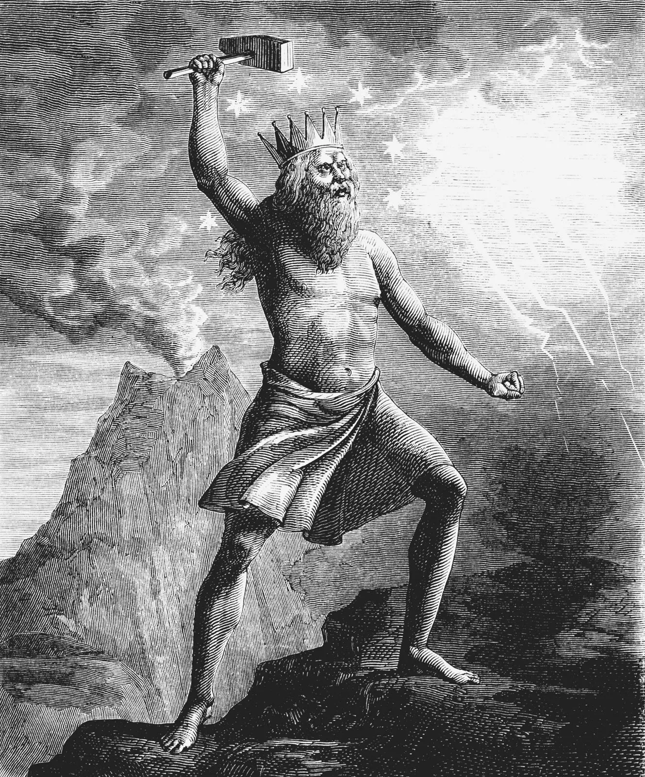 19th-century engraving of Thor, crowned, raising Mjölnir with lightning behind him.